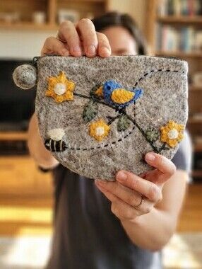 Felted Wool Bluebird, Bee, Flower Pouch – Gray Floral Coin Makeup Purse Bag